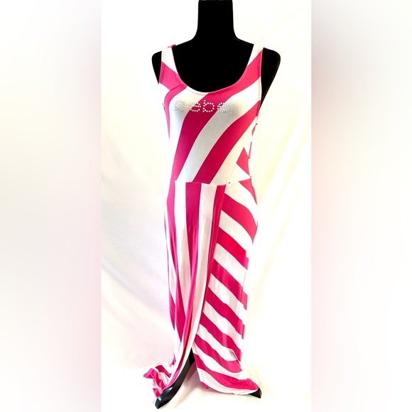 bebe Dresses & Skirts - Bebe Pink and white striped Swarovski crystal-embellished logo maxi